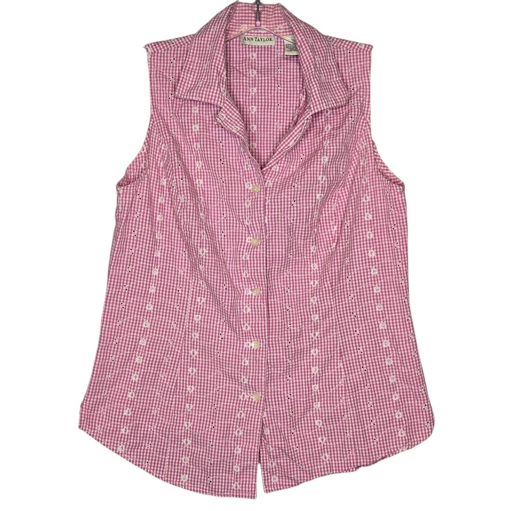 Vtg Ann Taylor Pink‎ Gingham Eyelet Vest Top M Sleeveless Button Up Cottage